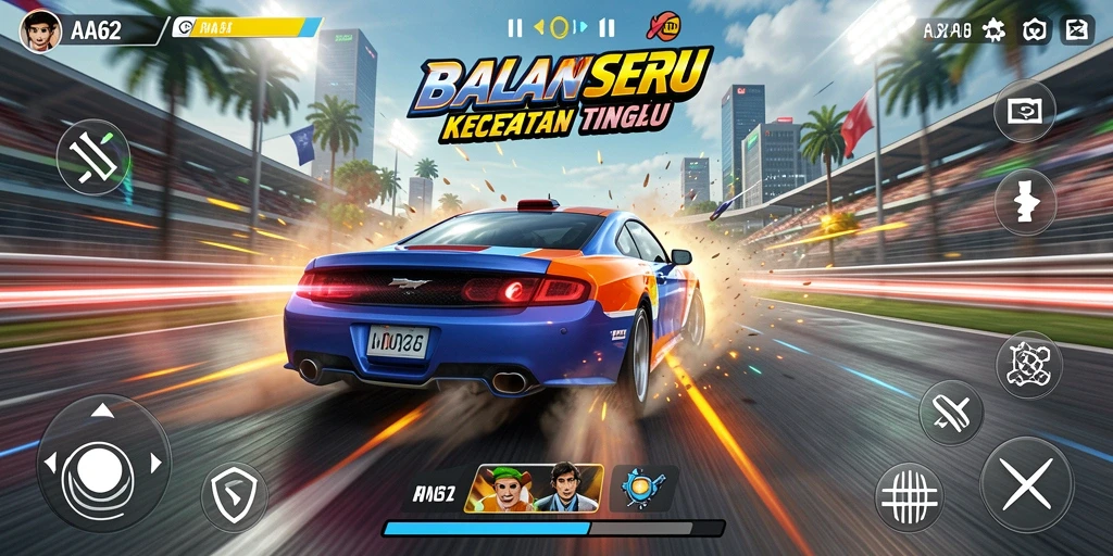 Screenshot gameplay AA62 menunjukkan aksi balapan yang mendebarkan.