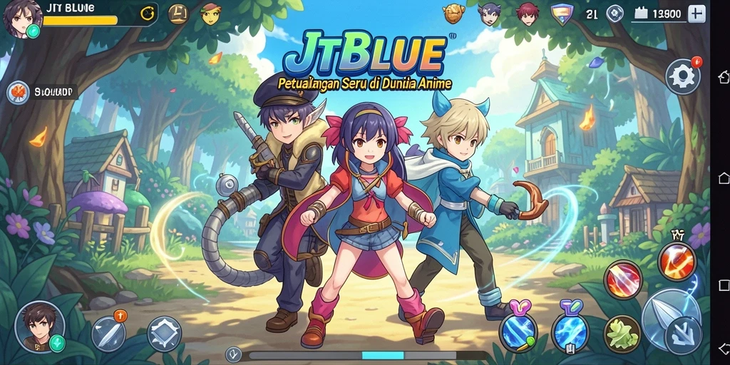 Tampilan gameplay JTBLUE yang penuh warna dan karakter anime yang menarik.