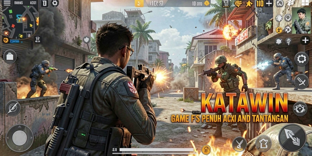 Screenshot menunjukkan aksi intens dalam pertempuran FPS KATAWIN.