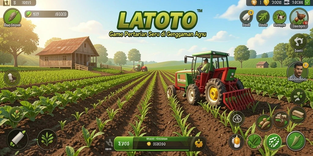 Screenshot gameplay LATOTO menunjukkan ladang yang subur dan hewan ternak yang sehat.