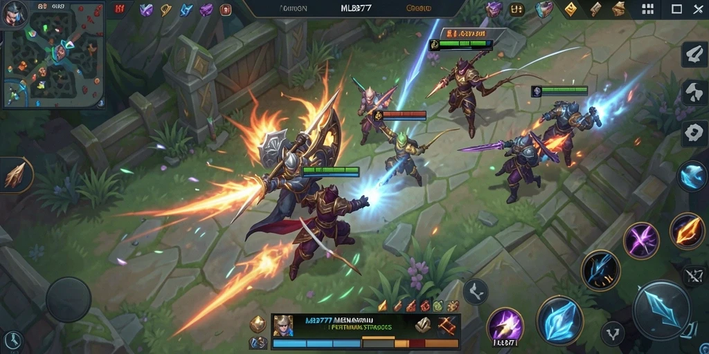 Gameplay MLBB777 menampilkan pertahanan menara melawan gelombang musuh.