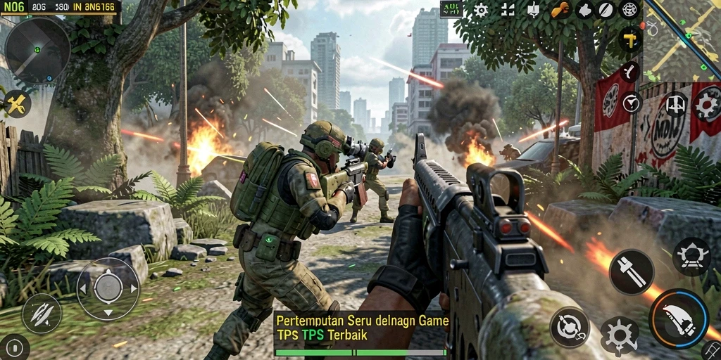 Screenshot menampilkan aksi pertempuran seru dalam game TPS N06.