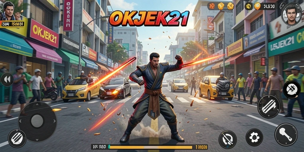 Tangkapan layar menunjukkan gameplay seru OKJEK21 yang penuh aksi.