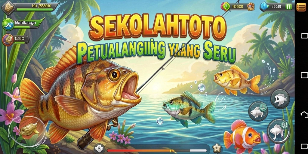 Screenshot gameplay <strong>SEKOLAHTOTO</strong> menampilkan momen mendebarkan saat menangkap ikan.