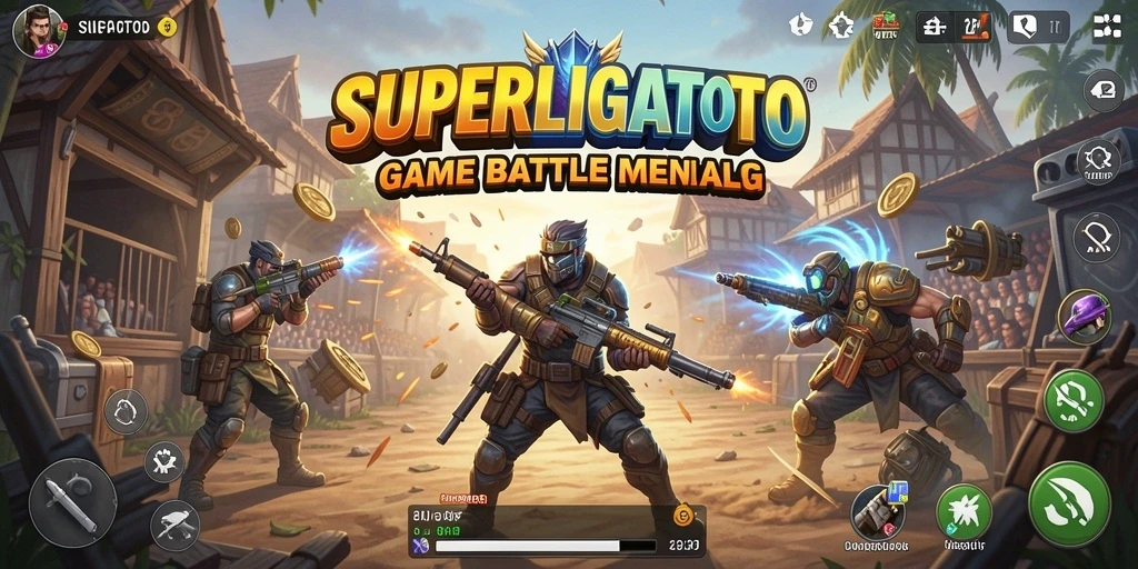 Screenshot dari gameplay SUPERLIGATOTO yang menunjukkan aksi Battle Royale yang intens.