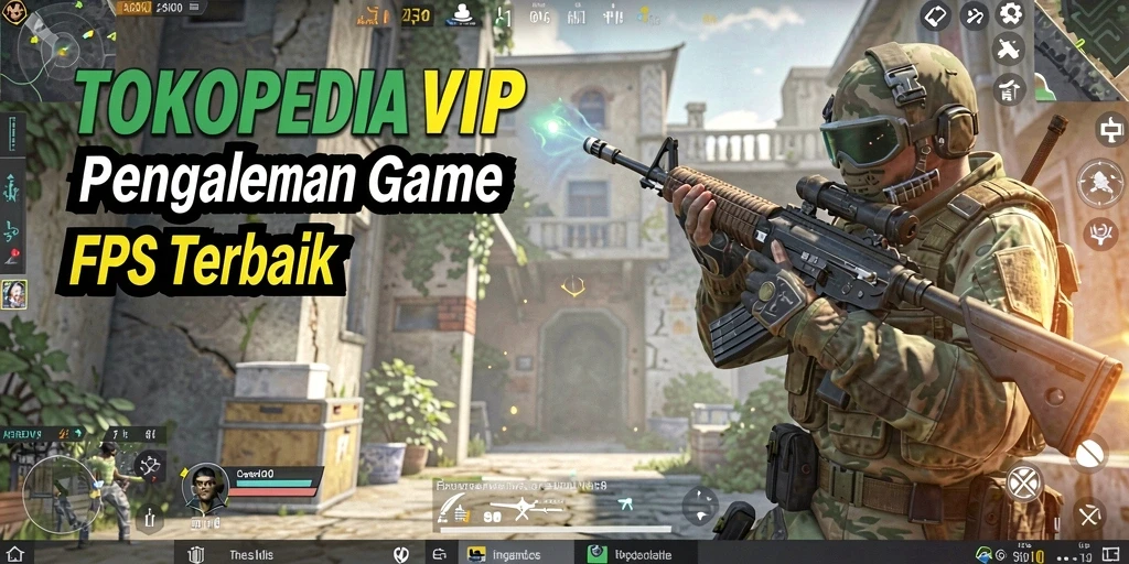 Screenshot gameplay TOKOPEDIAVIP menampilkan aksi seru dan intens di medan perang FPS.