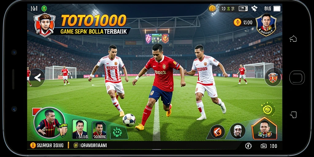 Screenshot utama TOTO1000 menampilkan gameplay aksi sepak bola yang mendebarkan.